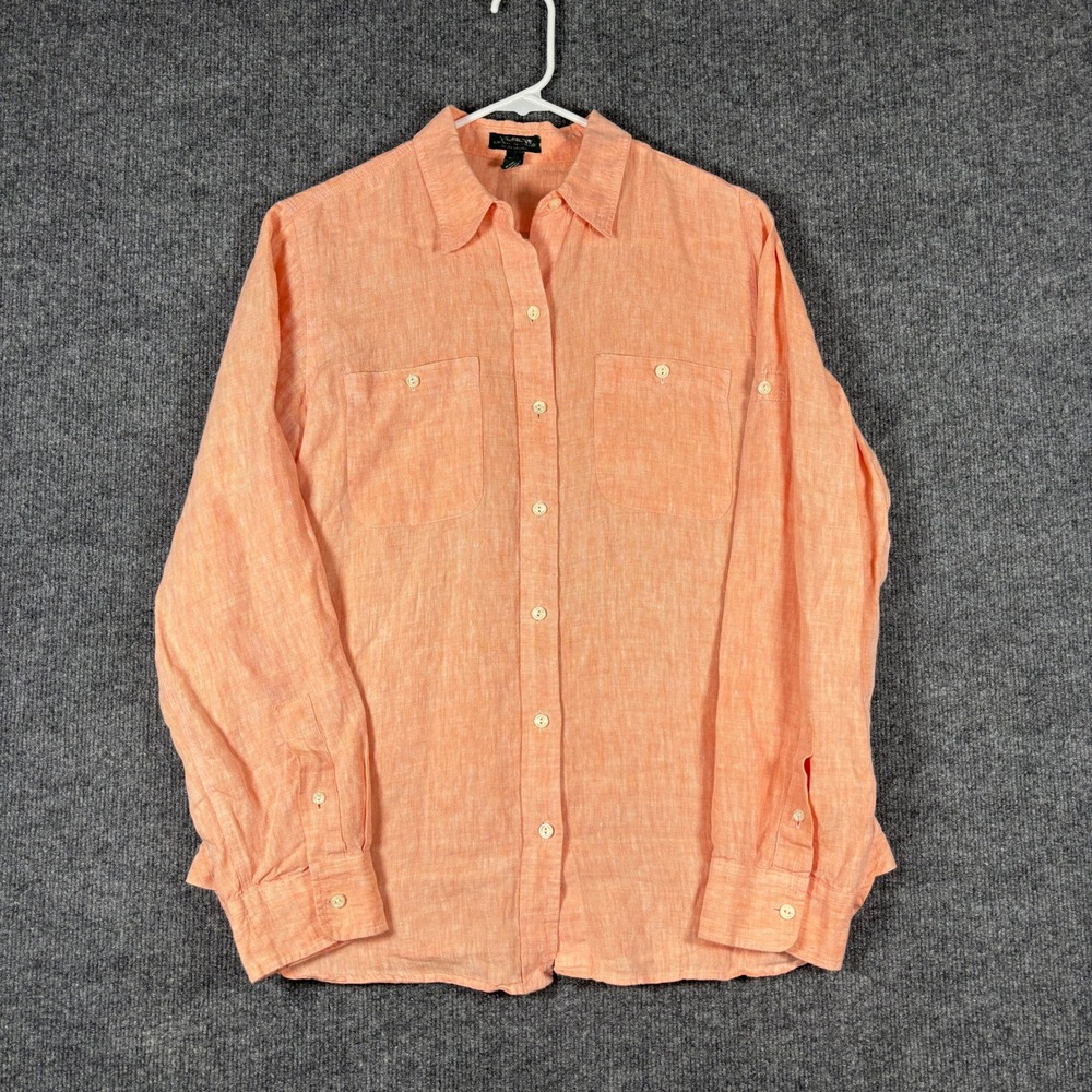 Lauren Ralph Lauren Linen Button Up Shirt Womens M Orange Roll Tab Pockets